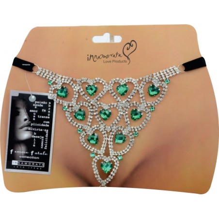 Calcinha Joia Prateada Cravejada de Strass e Pedras Verde Esmeralda Very Sexy Ousada Luxo inNamorata