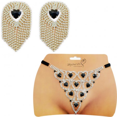 Conjunto Tapa Seios & Calcinha Joia Dourada Cravejada de Strass e Pedras Negras Lapidadas Very Sexy Luxo inNamorata