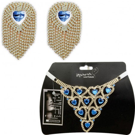 Conjunto Tapa Seios & Calcinha Joia Dourada Cravejada de Strass e Pedras Azul Turquesa Lapidadas Very Sexy Luxo inNamorata