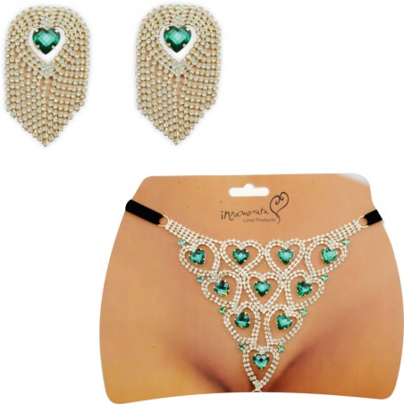 Conjunto Tapa Seios & Calcinha Joia Dourada Cravejada de Strass e Pedras Verde Esmeralda Lapidadas Very Sexy Luxo inNamorata