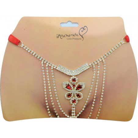 Calcinha Joia Dourada Cravejada de Strass e Pedras Vermelha Very Sexy Ousada Luxo inNamorata