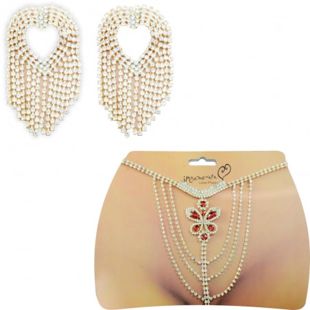 Conjunto Tapa Seios e Calcinha Joia Dourada Cravejada de Strass e Pedras Lapidadas Flor Vermelha Very Sexy Luxo inNamorata