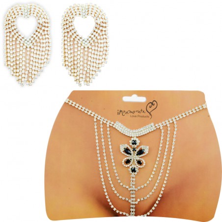 Conjunto Tapa Seios & Calcinha Joia Dourada Cravejada de Strass e Pedras Lapidadas Flor Negra Very Sexy Luxo inNamorata