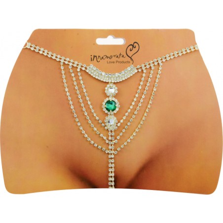 Calcinha Joia Dourada Cravejada de Strass e Pedra Verde Very Sexy Ousada Luxo inNamorata