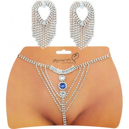 Conjunto Tapa Seios & Calcinha Joia Prateada Cravejada de Strass e Pedras Lapidadas Azul Very Sexy Luxo inNamorata