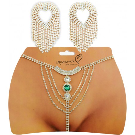 Conjunto Tapa Seios & Calcinha Joia Dourada Cravejada de Strass e Pedras Lapidadas Verde Esmeralda Very Sexy Luxo inNamorata