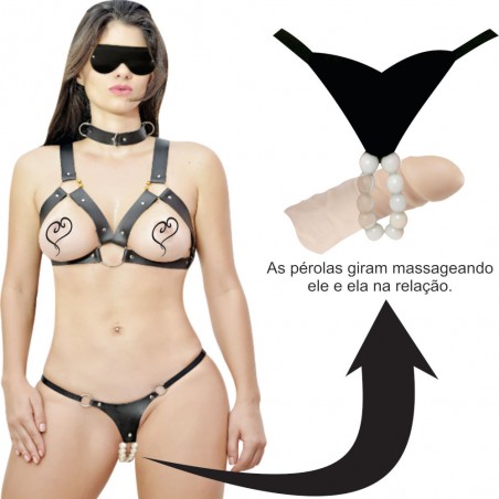Conjunto Tailandês Couro Lingerie Harness Máscara Coleira