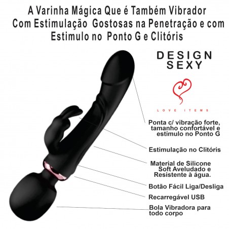 Vibrador Rabbit Varinha Mágica Camila 2 em 1 Massagem e Estimulação Recarregável