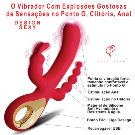 Vibrador Rabbit Valentina 3 em 1 Estimula Clitóris Ponto G e Anal
