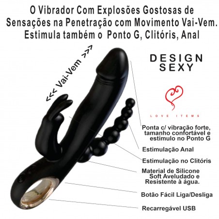 Vibrador Rabbit 3 em 1 Valentina-2 Movimento Vai-Vem Estimula Clitóris Anal e Ponto G.