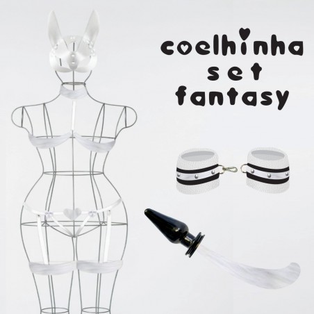 Kit Fantasia Coelhinha Sensual em Pelúcia com Máscara, Algemas e Plug Rabo