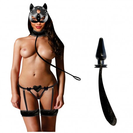 Kit Fantasia Gatinha Sensual em Pelúcia, Máscara, Coleira e Plug Rabo