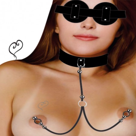 Prendedor Mamilos Sex com Choker e Máscara Tapa Olhos