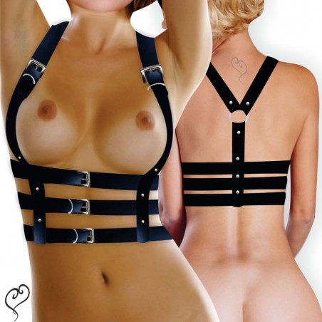 Harness Top Três Cinta em Couro Eco Arreio Sexy Arnês Fashion